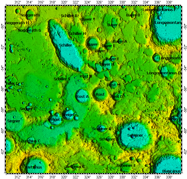 LAC-125 Schiller quadrangle of Moon, topography