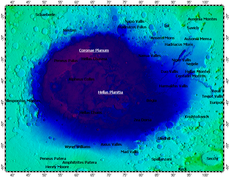 Hellas Planitia on Mars, topography