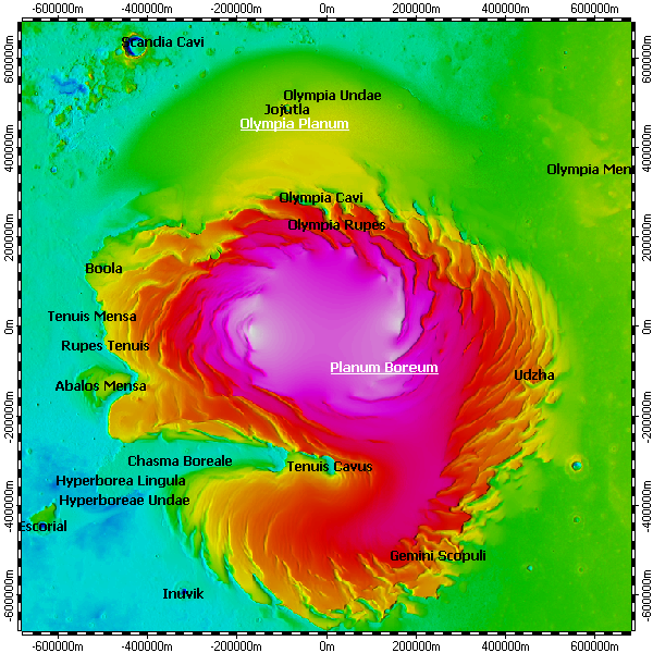 Planum Boreum on North Pole of Mars, topography with adjusted colors