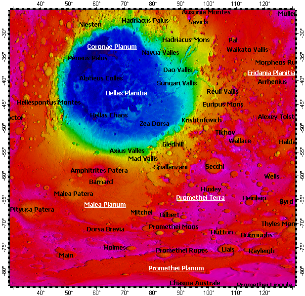 Promethei Terra on Mars, topography with adjusted colors