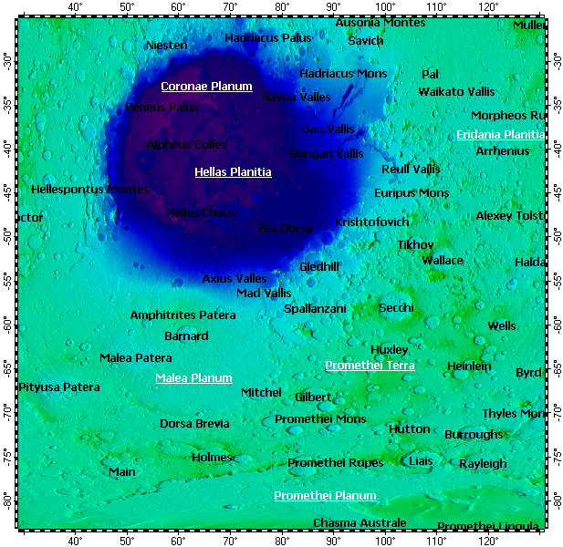 Promethei Terra on Mars, topography